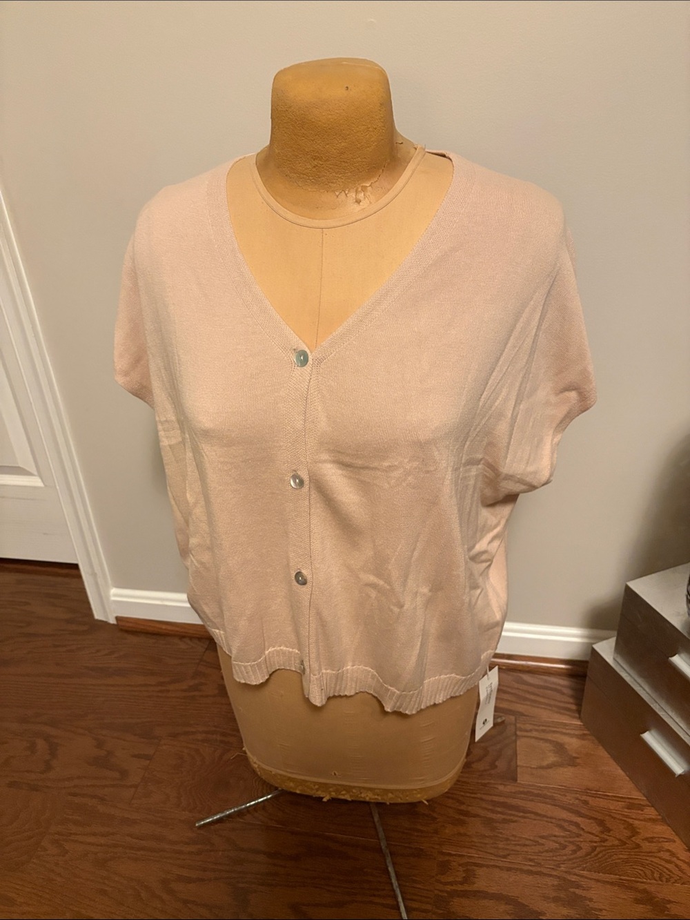 Light Pink Short-Sleeve V-Neck Button Front Sweater